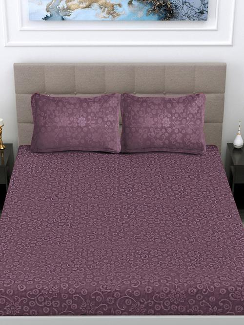 fabinaliv raisin purple floral 300 tc woollen embossed king size fitted double bedsheet with 2 pillow covers - 21466506 - Very Small Image - 1