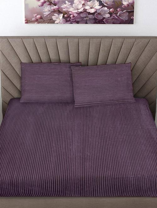 fabinaliv purple striped 300 tc woollen king size fitted double bedsheet with 2 pillow covers - 21466624 - Very Small Image - 1