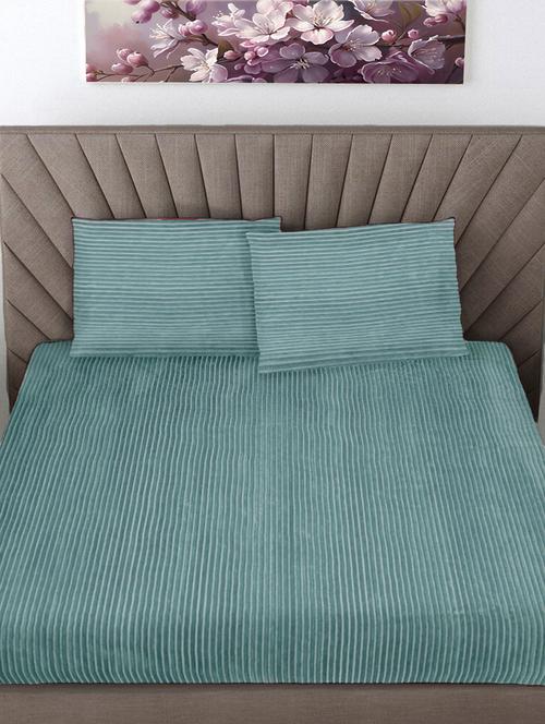 fabinaliv green striped 300 tc woollen king size fitted double bedsheet with 2 pillow covers - 21466625 - Very Small Image - 1