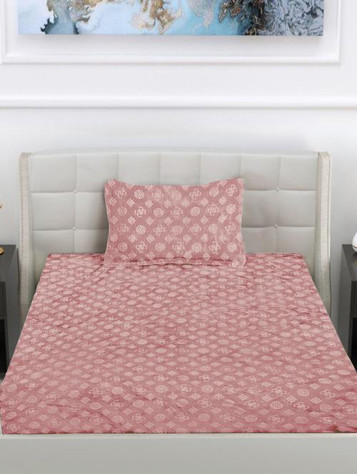 fabinaliv peach geometric 300 tc woollen embossed single bedsheet with pillow cover - 21467831 - Very Small Image - 1