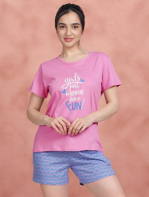 women round neck typographic printed nightwear shorts set - 21468211 - Very Small Image - 1