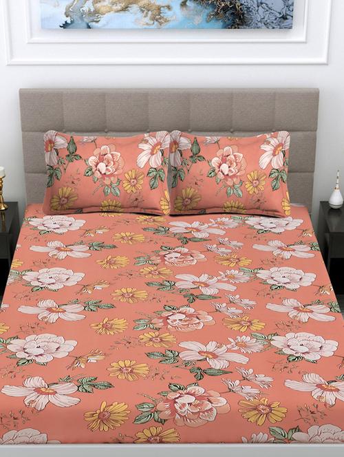 fabinaliv orange floral 300 tc cotton blend king size double bedsheet with 2 pillow covers - 21468364 - Very Small Image - 1
