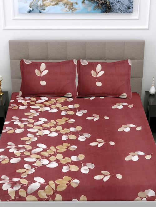 fabinaliv maroon floral 300 tc cotton blend king size double bedsheet with 2 pillow covers - 21468376 - Very Small Image - 1