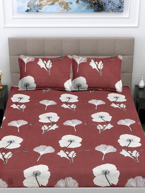 fabinaliv maroon floral 300 tc cotton blend king size double bedsheet with 2 pillow covers - 21468379 - Very Small Image - 1
