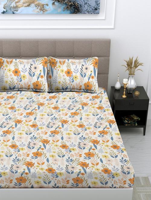 fabinaliv multicolor floral 300 tc cotton blend king size double bedsheet with 2 pillow covers - 21468385 - Very Small Image - 1
