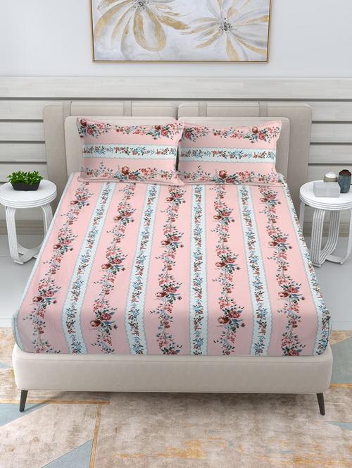 fabinaliv pink floral 300 tc cotton blend king size double bedsheet with 2 pillow covers - 21468387 - Very Small Image - 1
