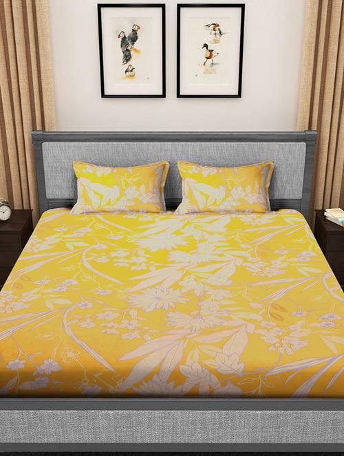 fabinaliv yellow floral 300 tc cotton blend king size double bedsheet with 2 pillow covers - 21468392 - Very Small Image - 1