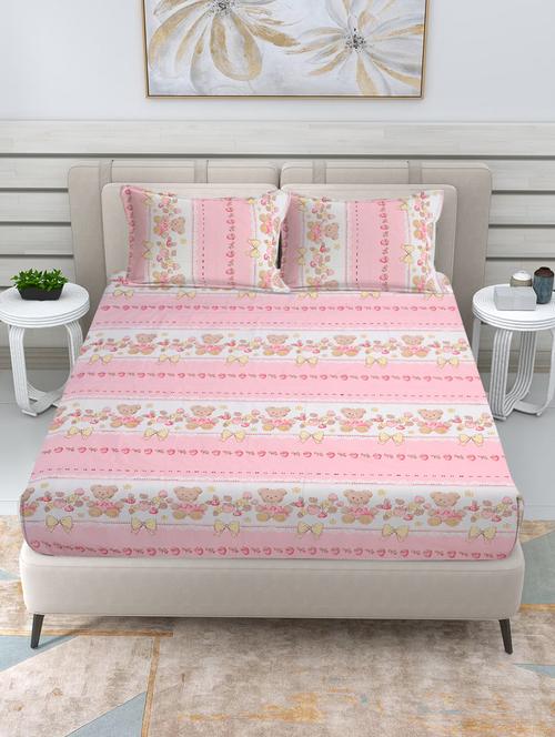fabinaliv pink cartoon print 300 tc cotton blend king size double bedsheet with 2 pillow covers - 21468402 - Very Small Image - 1