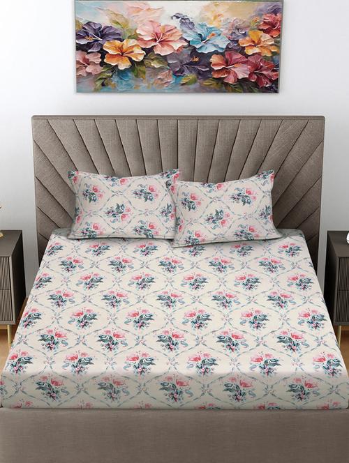 fabinaliv multicolor floral 300 tc cotton blend king size double bedsheet with 2 pillow covers - 21468523 - Very Small Image - 1