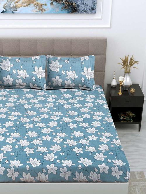 fabinaliv blue floral 300 tc cotton blend super king size double bedsheet with 2 pillow covers - 21468630 - Very Small Image - 1