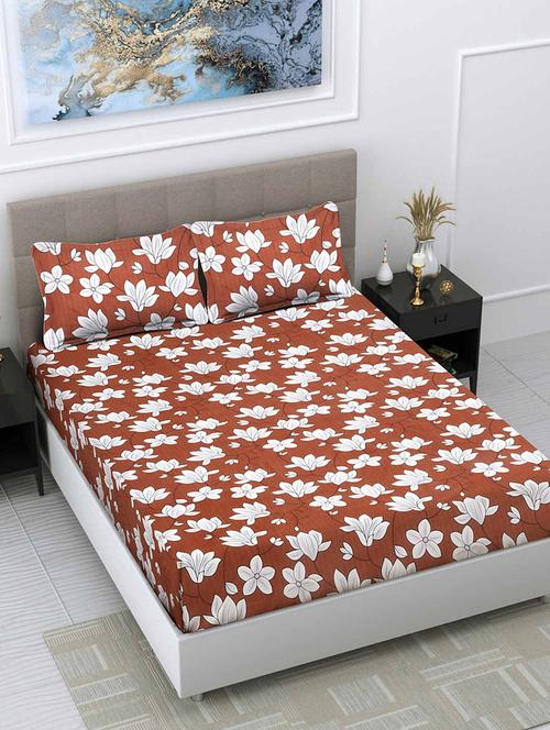 fabinaliv rust floral 300 tc cotton blend super king size double bedsheet with 2 pillow covers - 21468631 - Very Small Image - 1
