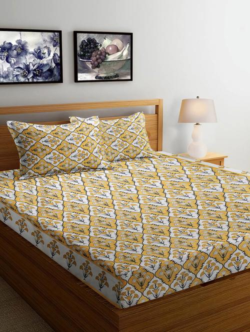 fabinaliv yellow floral 300 tc cotton blend super king size double bedsheet with 2 pillow covers - 21468665 - Very Small Image - 1