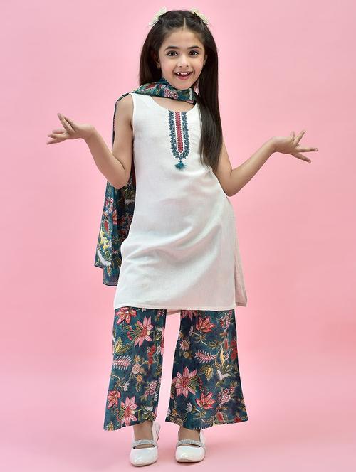girls off white floral printed kurta palazzo set - 21471215 - Very Small Image - 1
