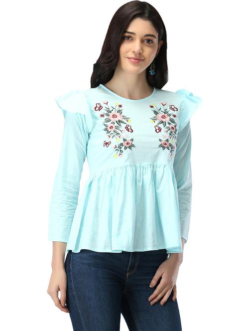 women light blue embroidered round neck top - 21472417 - Very Small Image - 1