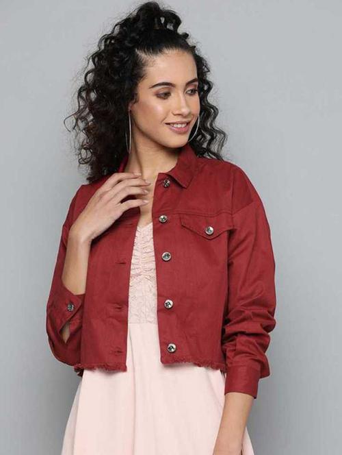 maroon solid denim jacket - 21473110 - Very Small Image - 1