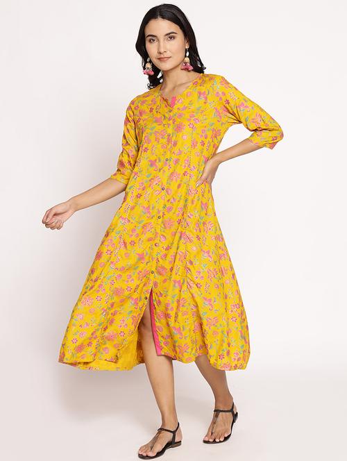 wome yellow florals printed a-line ethnic dress - 21473611 - Very Small Image - 1