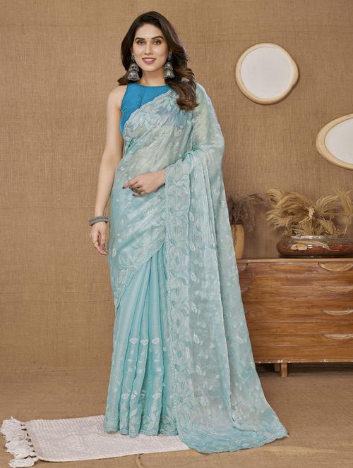 sea green organza embroidered saree with blouse - 21481552 - Very Small Image - 1