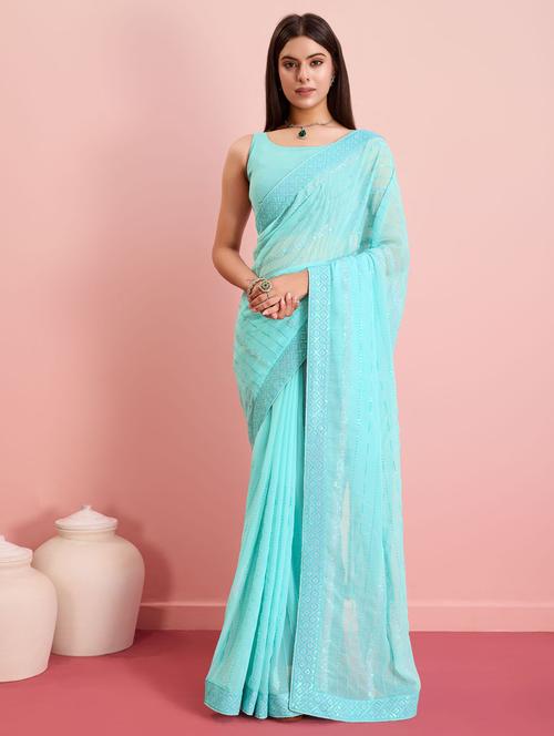 turquoise georgette embroidered saree with blouse - 21481628 - Very Small Image - 1