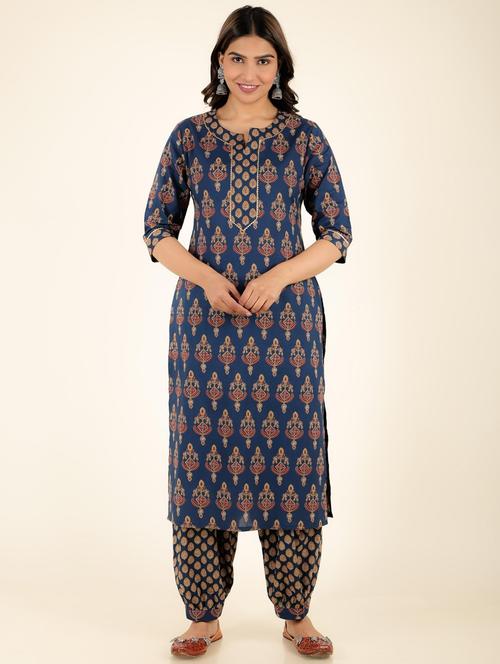 women navy blue cotton straight kurta - 21482294 - Very Small Image - 1