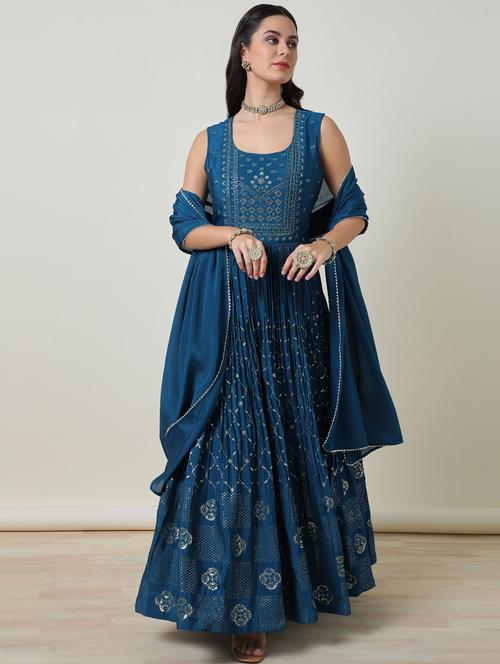 women teal round neck kurta dupatta set with attatched sleeve - 21482763 - Very Small Image - 1