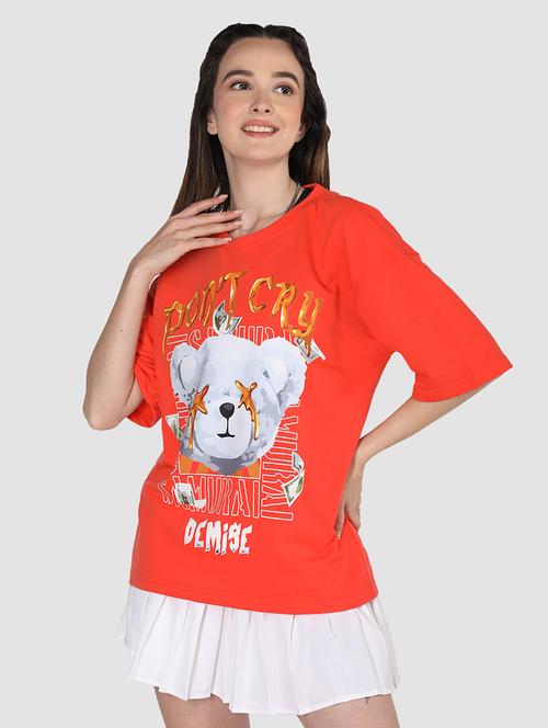 women orange poly blend oversized t-shirt - 21483928 - Very Small Image - 1