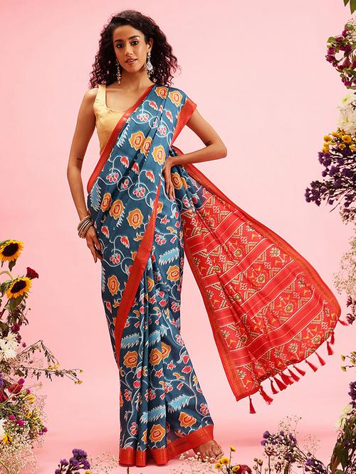 turquoise printed saree with blouse - 21485837 - Very Small Image - 1