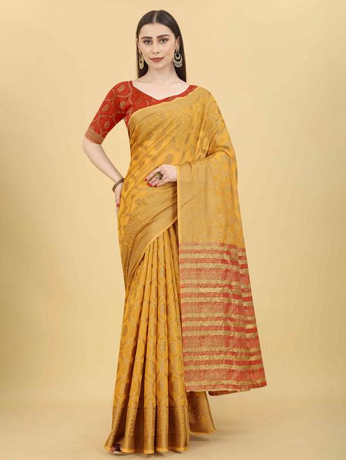 yellow silk blend baluchari saree - 21485960 - Very Small Image - 1