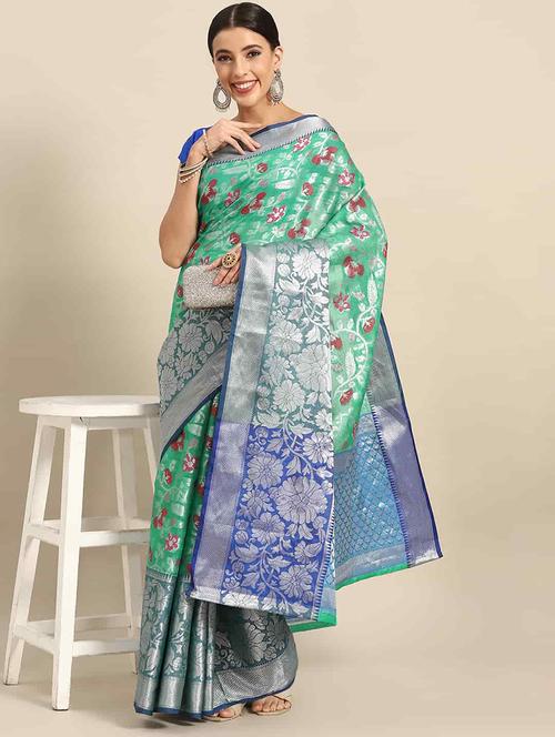 turquoise cotton blend mysore silk saree - 21486006 - Very Small Image - 1