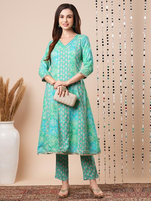 women green printed kurta pant set - 21486217 - Very Small Image - 1