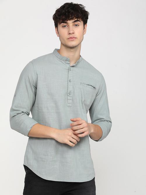 men mandrain neck short sleeves casual shirt - 21487681 - Very Small Image - 1