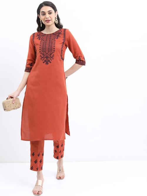 women brown round neck kurta pant set - 21488244 - Very Small Image - 1