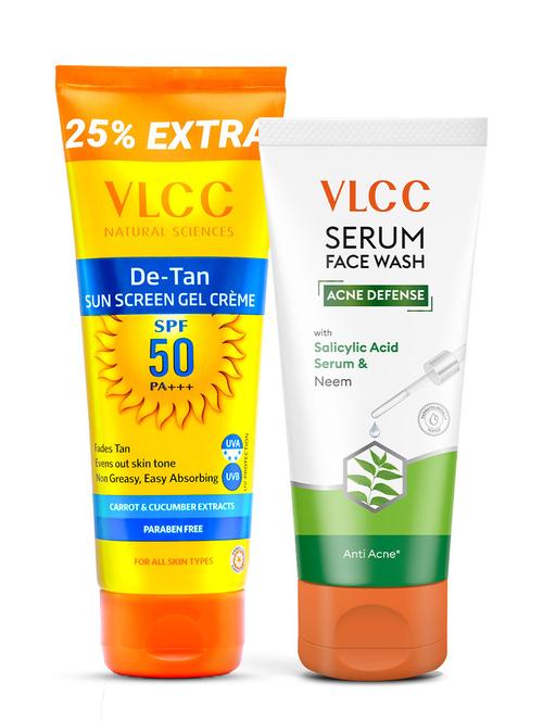 de tan spf 50 sunscreen gel crème - spf 50 pa+++ & acne defense serum facewash with salicylic acid serum & neem combo - 21489082 - Very Small Image - 1