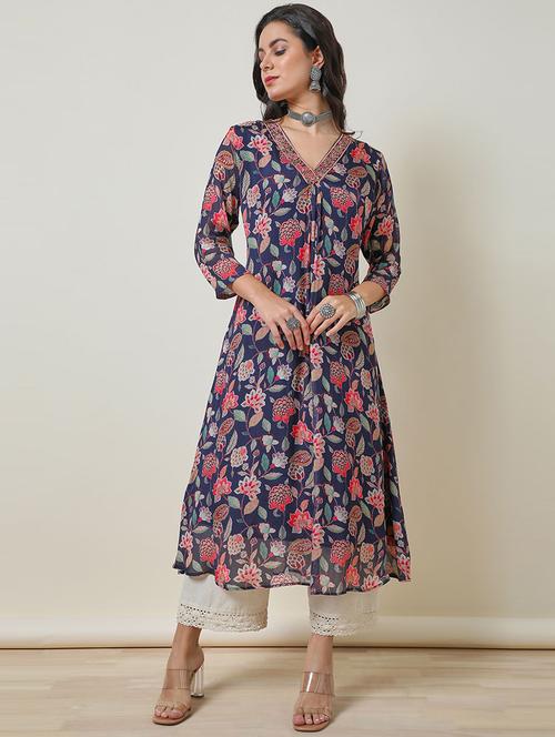 women navy blue floral printed a-line kurta - 21489195 - Very Small Image - 1