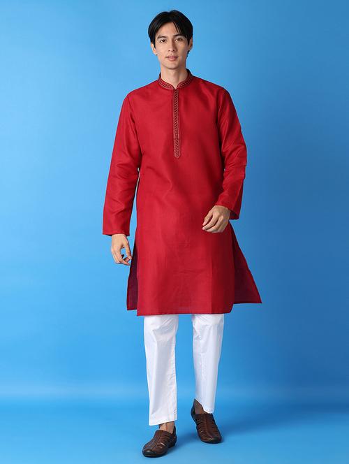 men maroon embroidered kurta pyjama set - 21492337 - Very Small Image - 1