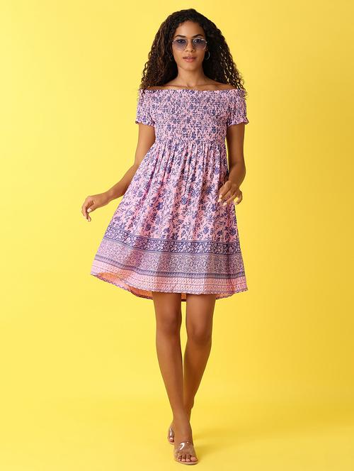 women printed smocked detailed a-line dress - 21492556 - Very Small Image - 1
