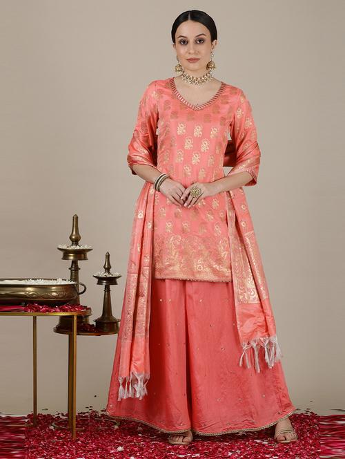 women peach kurta palazzo set with dupatta - 21504597 - Very Small Image - 1