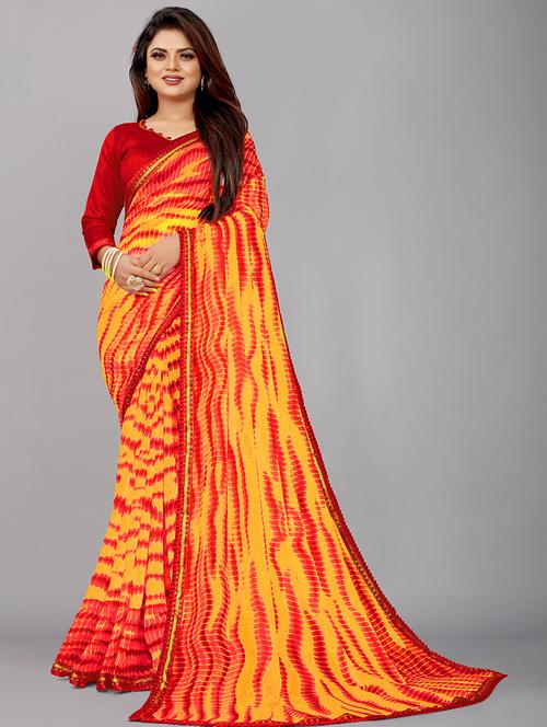 orange tie & dye printed saree - 21504822 - Very Small Image - 1