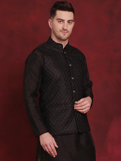 men mandarin neck self design nehru jacket - 21507004 - Very Small Image - 1
