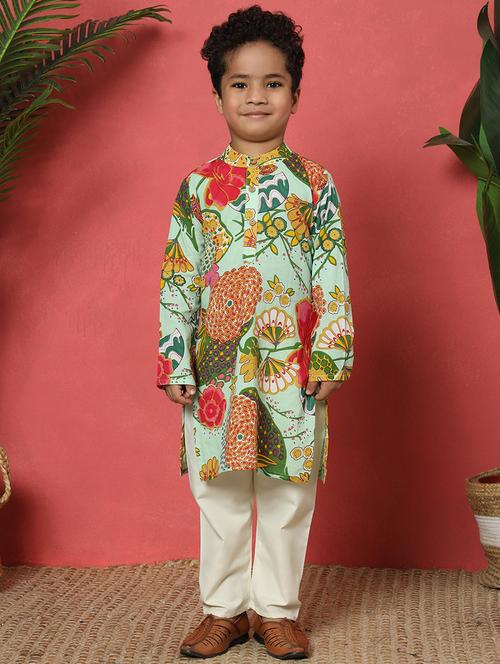 boys sea green cotton kurta set - 21510439 - Very Small Image - 1