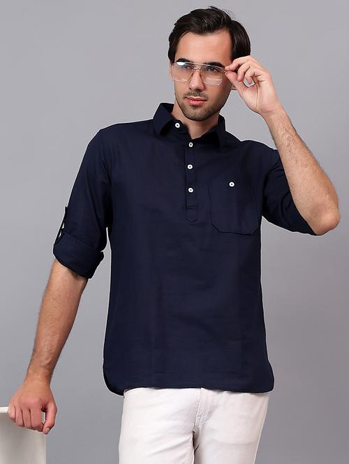 men navy blue cotton blend short kurta - 21511180 - Very Small Image - 1