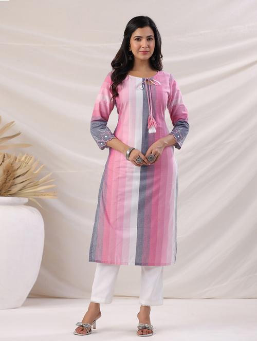 women pink cotton straight kurta - 21514071 - Very Small Image - 1