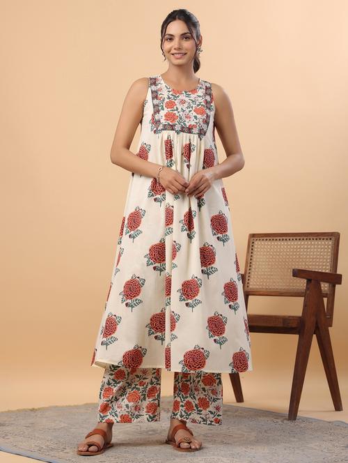 cream floral printed kurta palazzo set - 21514171 - Very Small Image - 1
