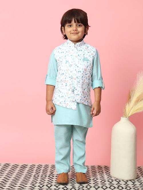 kids light blue solids kurta set with nehru jacket - 21514362 - Very Small Image - 1