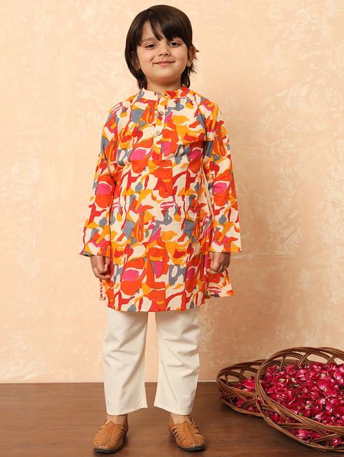 kids orange printed kurta sets - 21514368 - Very Small Image - 1