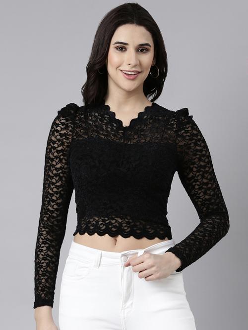 women self design long sleeves crop top - 21514493 - Very Small Image - 1