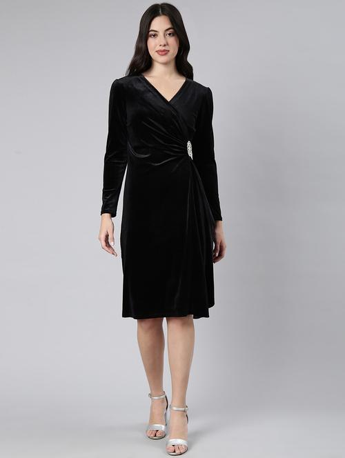 women black solids v neck a-line dress - 21514545 - Very Small Image - 1