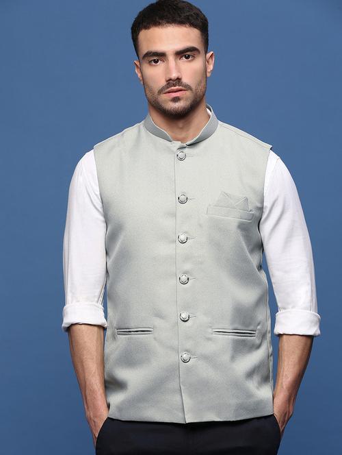men sea green solid nehru jacket - 21514692 - Very Small Image - 1