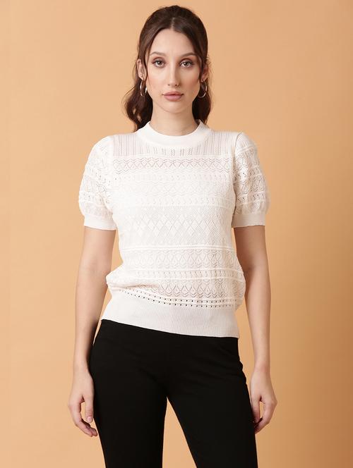 women off white self design round neck top - 21515092 - Very Small Image - 1