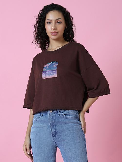 women brown cotton blend boxy t-shirt - 21515241 - Very Small Image - 1