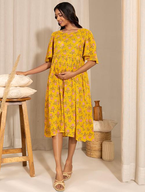 women yellow cotton maternity wear dress - 21521074 - Very Small Image - 1